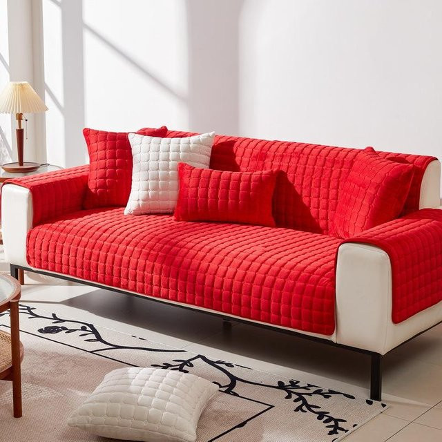 Modernes Universal Plüsch Sofakissen in Rot mit Plüschleder-Details, rutschfest und verdickt, B/B: 70 x 70 cm - Bild 1