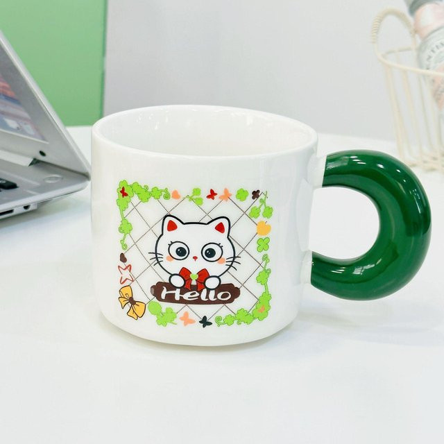 Yiran Furniture Keramiktasse mit Cartoon-Kätzchen, Deckel und Löffel, Weiß, 450 ml - Bild 1