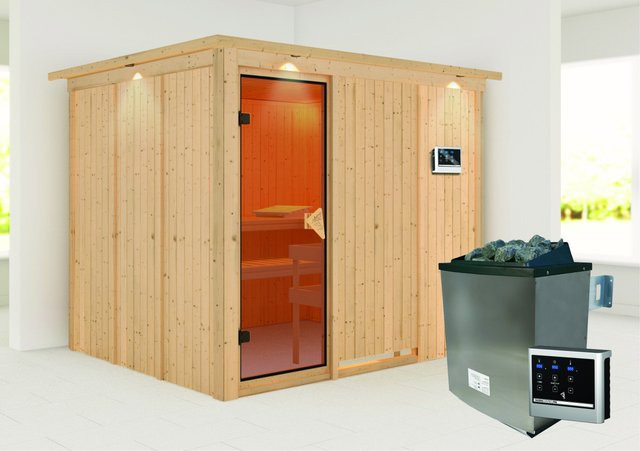 Karibu Sauna GOBIN aus Fichte und Espe mit 9.0 kW Ofen aus Edelstahl, externem Steuergerät, Dachkranz und bronzierter Ganzglastür, Farbe: Braun, B/T/H: 231 x 196 cm - Bild 1