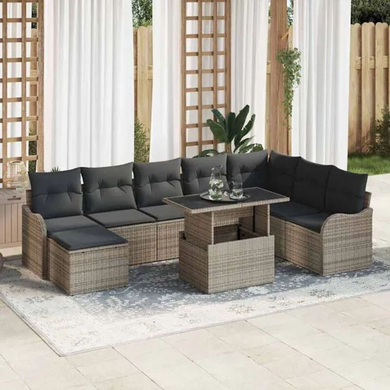 Vidaxl Garten-Sofa-Set aus Poly-Rattan mit Kissen und integriertem Stauraum in Grau, 9-teilig - Bild 1
