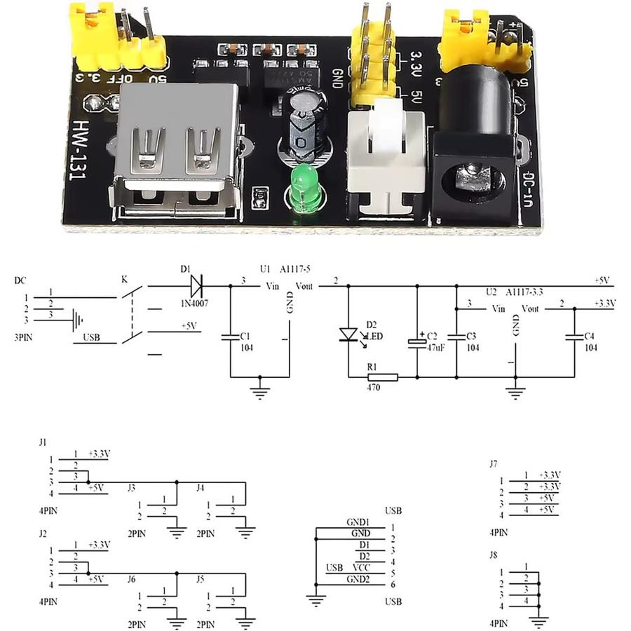 AOKIN MB102 Steckbrett-Netzteil Modul mit 9V Batterieclip und 2,1x5,5mm DC-Stecker in Schwarz - Bild 6