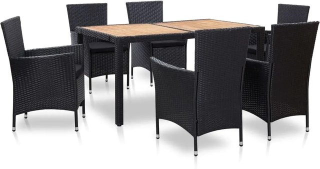 vidaXL 7-tlg Garten-Essgruppe aus Poly Rattan und Akazienholz in Schwarz mit Auflagen - Bild 1