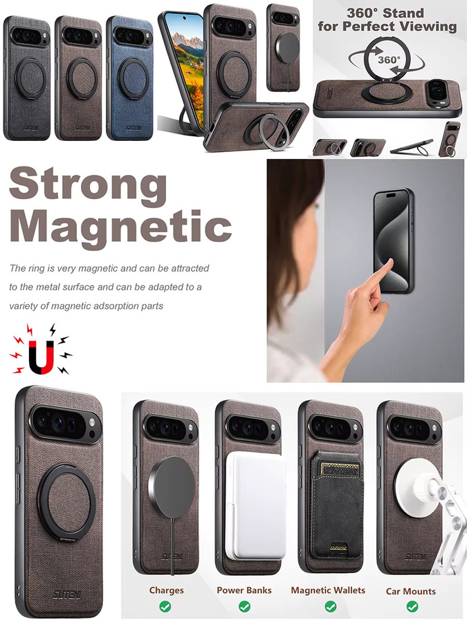 Magnetische Kunstleder Handyhülle mit kabellosem Laden und 360 Grad drehbarem Ständer sowie Ringschnalle für Google Pixel 10 Pro XL 9 8A 7 in Schwarz - Bild 7