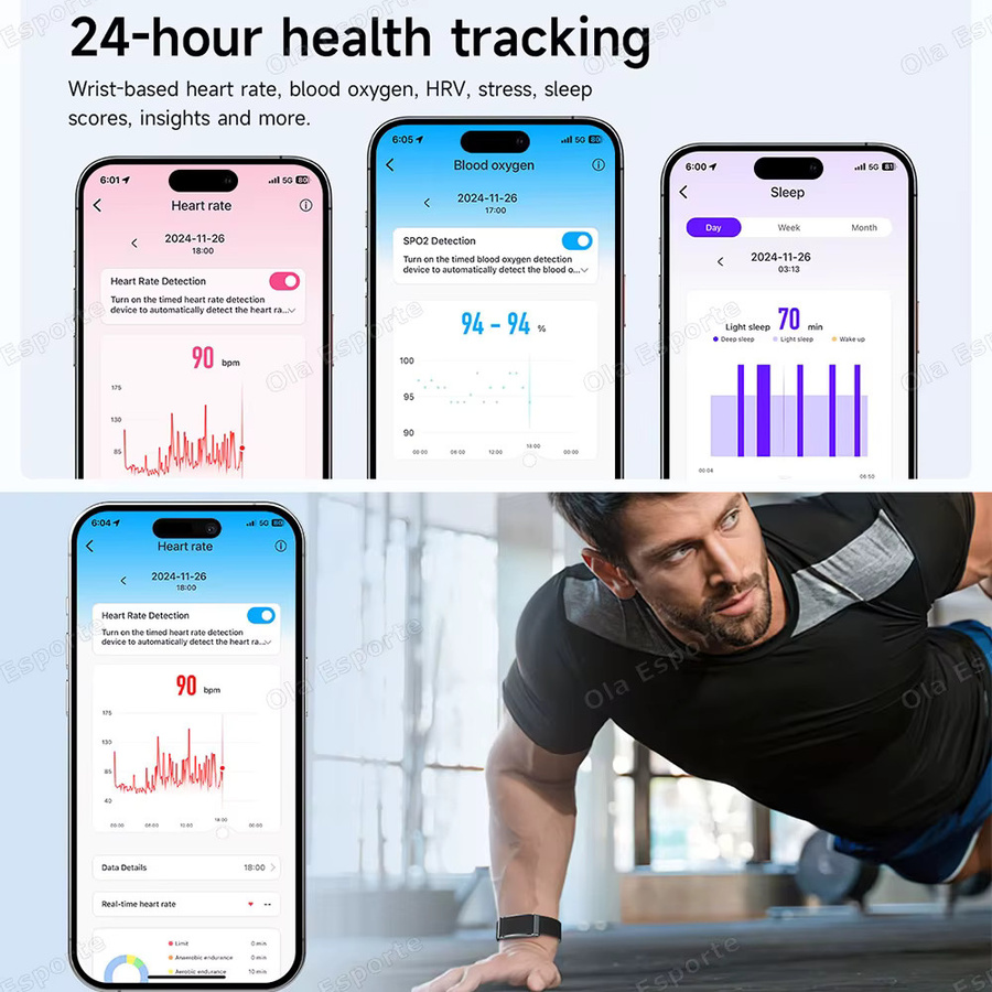 Ola Esporte Fitness-Tracker-Armband ohne Bildschirm, intelligentes Sportarmband mit Herzfrequenz- und Schlafüberwachung, wasserdicht, Unisex, Schwarz oder Weiß - Bild 5