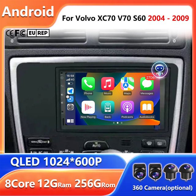 CUCU-NAVI Android Auto Multimedia Stereo Player mit GPS Navigation und Carplay für Volvo XC70 V70 S60 2004-2009 in Schwarz - Bild 1