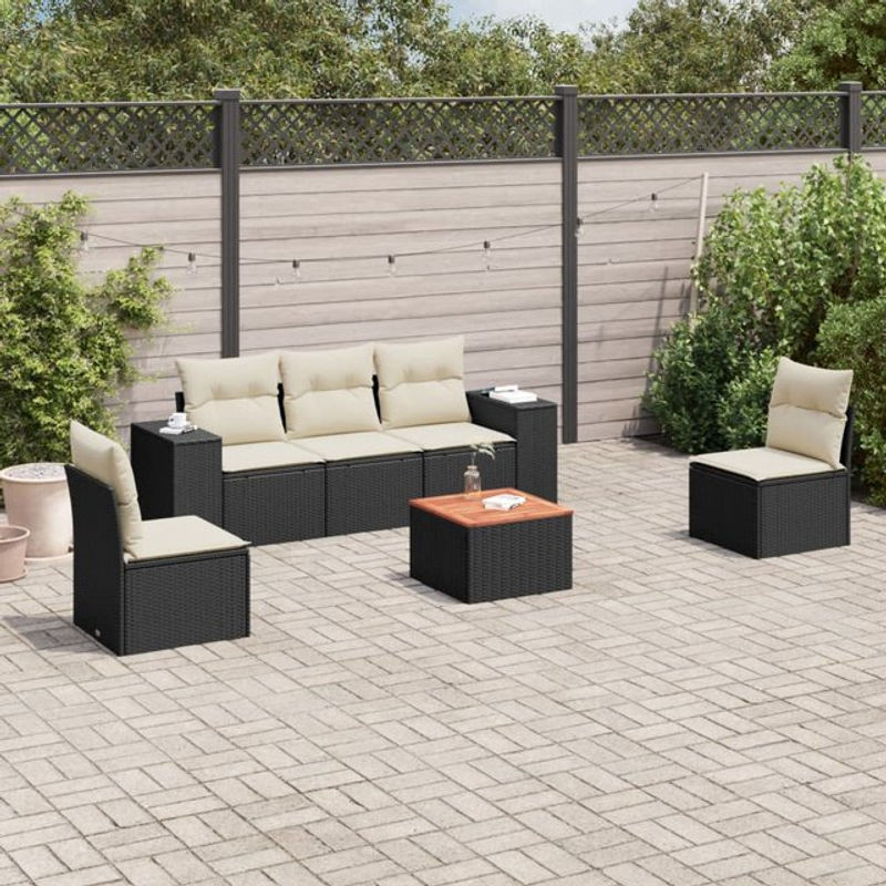 Vidaxl Gartenmöbel-Set aus Polyrattan mit Kissen, 6-teilig, Schwarz und Beige, Modernes Design - Bild 1
