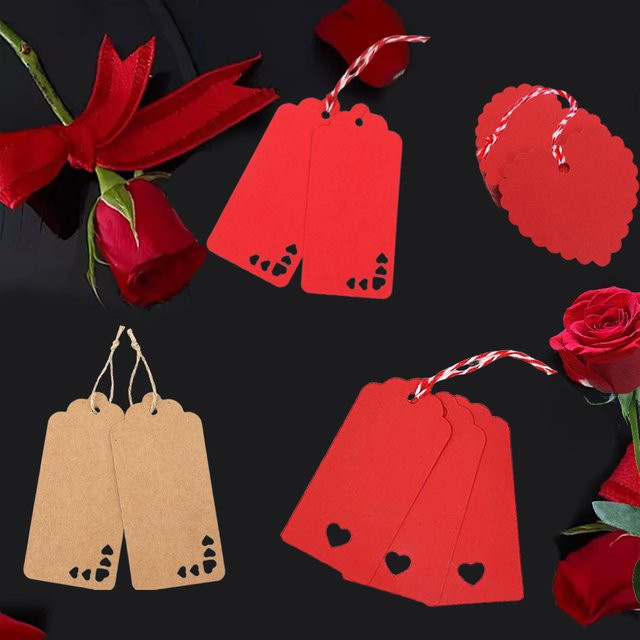 50 Stück Kraftpapier Hängeetiketten für Valentinstag und Geburtstag in Braun und Rot inklusive Schnur - Bild 1