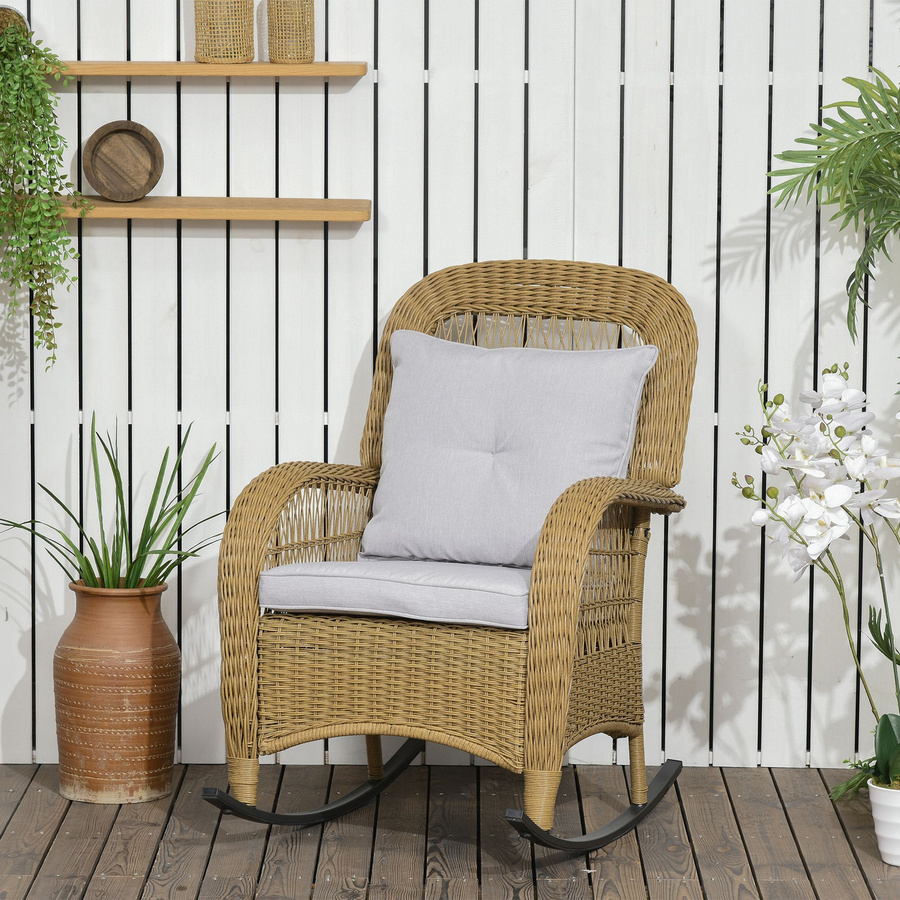Outsunny Rattan Schaukelstuhl mit Kissen im Boho-Stil, Gelb, B/T/H: 69 x 92 x 100 cm - Bild 2