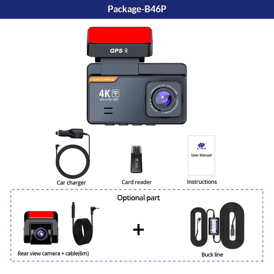 E-ACE 4K UHD Dashcam mit 3 Zoll Display, WLAN und GPS, schwarze Autokamera mit Nachtsicht und 24H Parküberwachung - Bild 6
