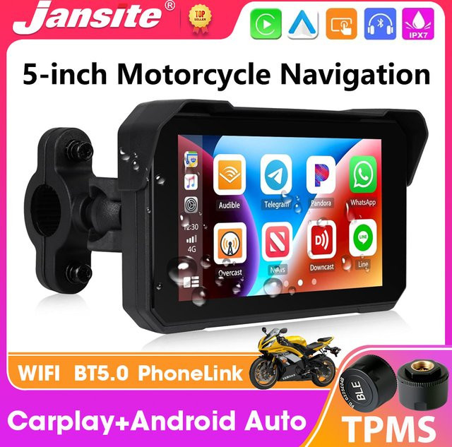 Jansite 5-Zoll Motorrad-Navigationssystem mit GPS, kabellosem CarPlay und Android Auto, wasserdichter Touchscreen Multimedia-Player in Schwarz - Bild 1