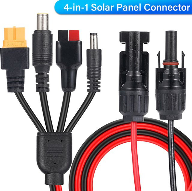 4-in-1 Solarpanel-Verlängerungskabel mit XT60, DC5521 und DC7909 Anschlüssen, 12 AWG, bipolarer Glied, verzinnter Silikondraht, Schwarz - Bild 1