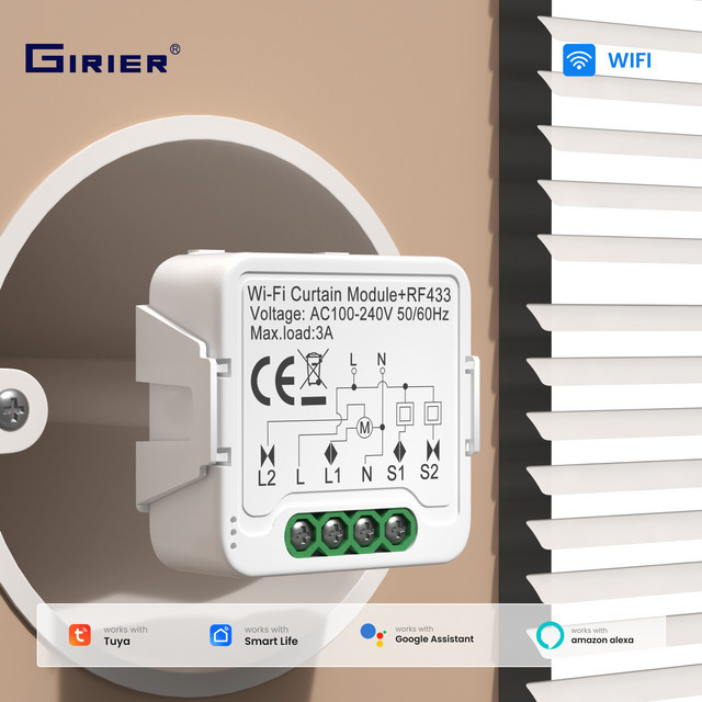 GIRIER Tuya WiFi RF433 Vorhangschalter-Modul in Weiß für elektrische Rollos und Jalousien, kompatibel mit Alexa und Google Assistant - Bild 1