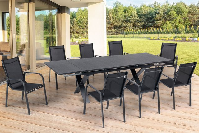 OUTFLEXX Garten-Essgruppe aus Aluminium in Anthrazit Matt mit ausziehbarem Tisch und 8 stapelbaren Sesseln, Tisch B: 180 bis 280 cm, T: 100 cm - Bild 1