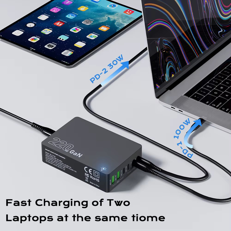 ASOMETECH 220W GaN Desktop-Ladegerät mit 6 Anschlüssen, PD 100W USB-C und QC 3.0 Schnellladestation für iPhone, Tablet, MacBook und Samsung Laptop - Bild 3