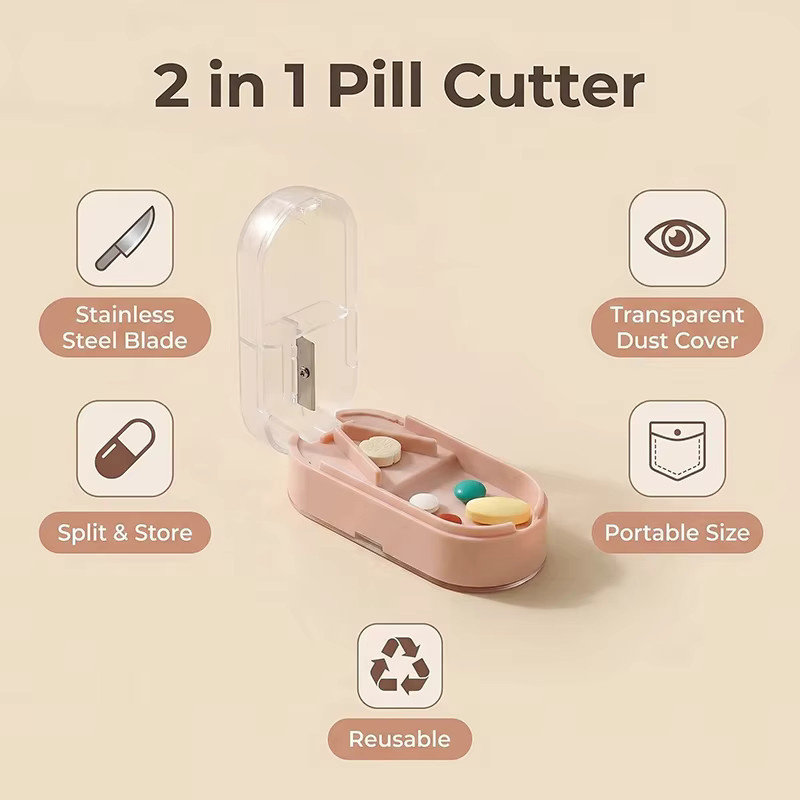 Tragbarer Pillenschneider mit Aufbewahrungsfach und scharfer Klinge, Mini-Pillenteiler-Box in Gelb - Bild 3