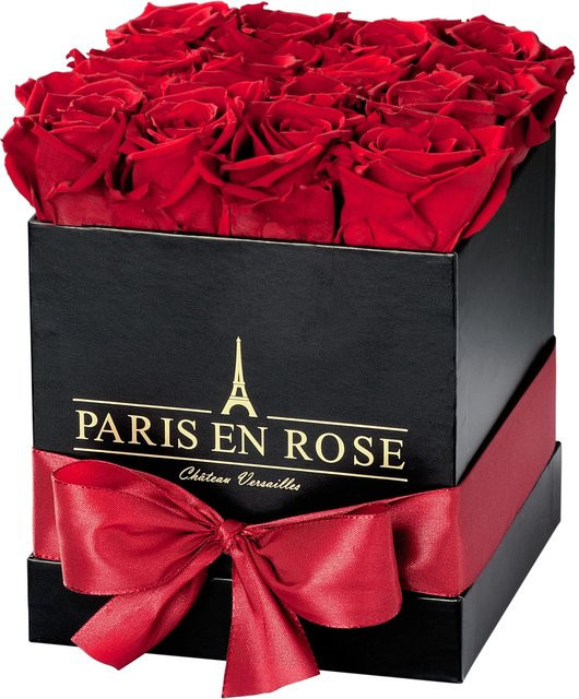 PARIS EN ROSE Rosenbox eckig in Schwarz mit 12 Bordeaux Rosen und Schleife - Bild 1