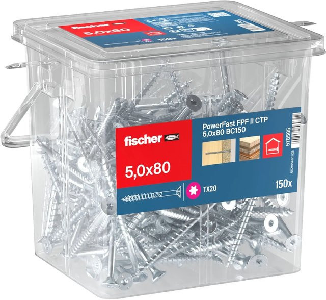 Fischer PowerFast II Holzschraube mit Torx-Antrieb, verzinkter Stahl, Durchmesser: 5 mm, Länge: 80 mm, Farbe: Silber - Bild 1