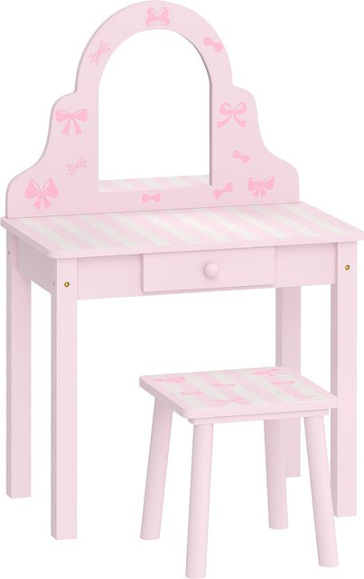 AIYAPLAY Kinder Schminktisch Set 2 in 1 Frisiertisch und Schreibtisch aus Holz mit Hocker und abnehmbarem Spiegel in Rosa und Weiß für Mädchen ab 3 Jahren - Bild 1