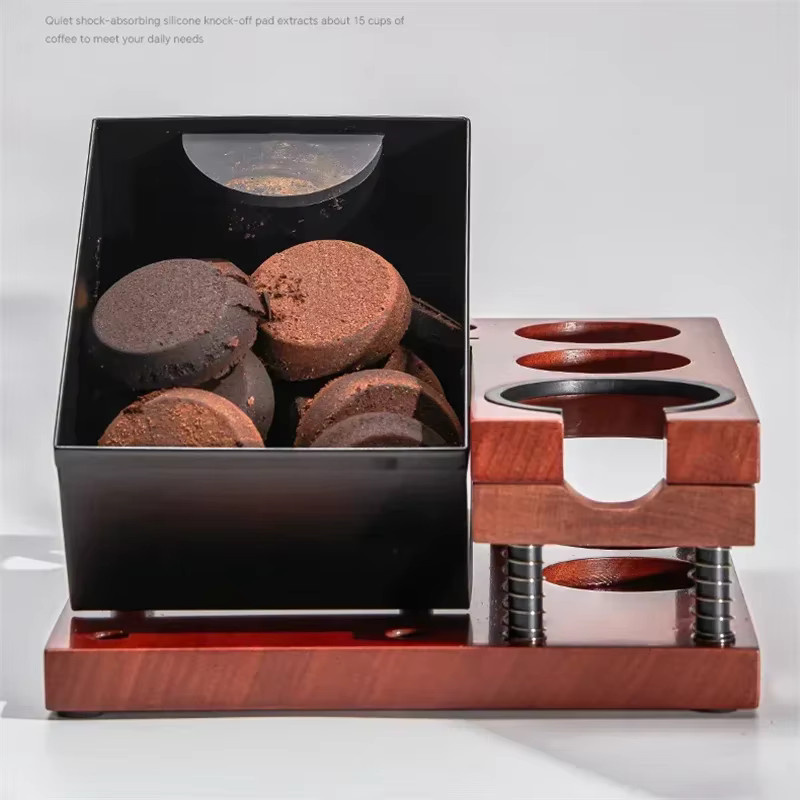 JUSTINLAU Kaffeepulverhalter mit Klopfbox und doppelschichtigem Holzverteiler in Braun für Siebträger 51 mm, 54 mm oder 58 mm inklusive Puck-Screen Aufbewahrungsbasis - Bild 3