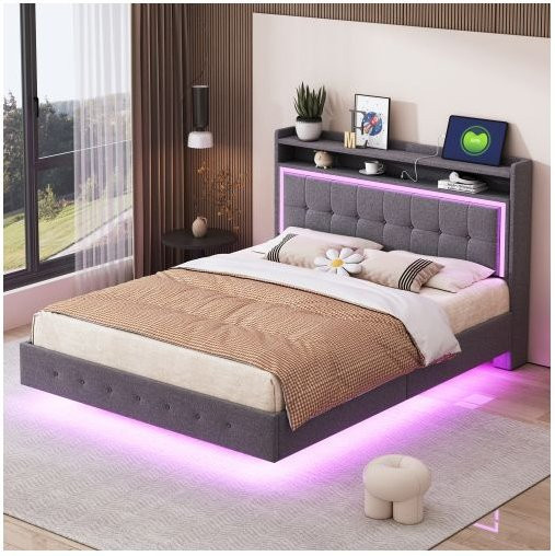 Gepolstertes Bett MUVOE in Grau aus Leinenstoff mit USB-Anschluss und LED-Beleuchtung, B: 140 cm, H: 213 cm, T: 200 cm - Bild 1