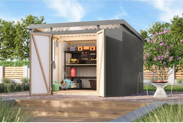 Karibu Metallgerätehaus Neos 3,5 in Graualuminium mit Trapezblech und Kunstglas - Bild 1