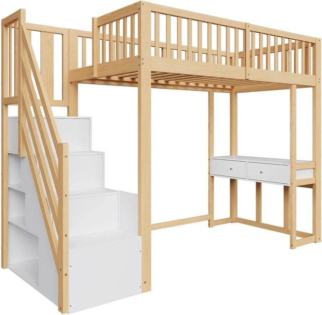 Merax Hochbett für Kinder aus Massivholz mit Stauraumtreppe und Tisch in Weiß, B/T/H: 200 x 90 x 175 cm - Bild 1