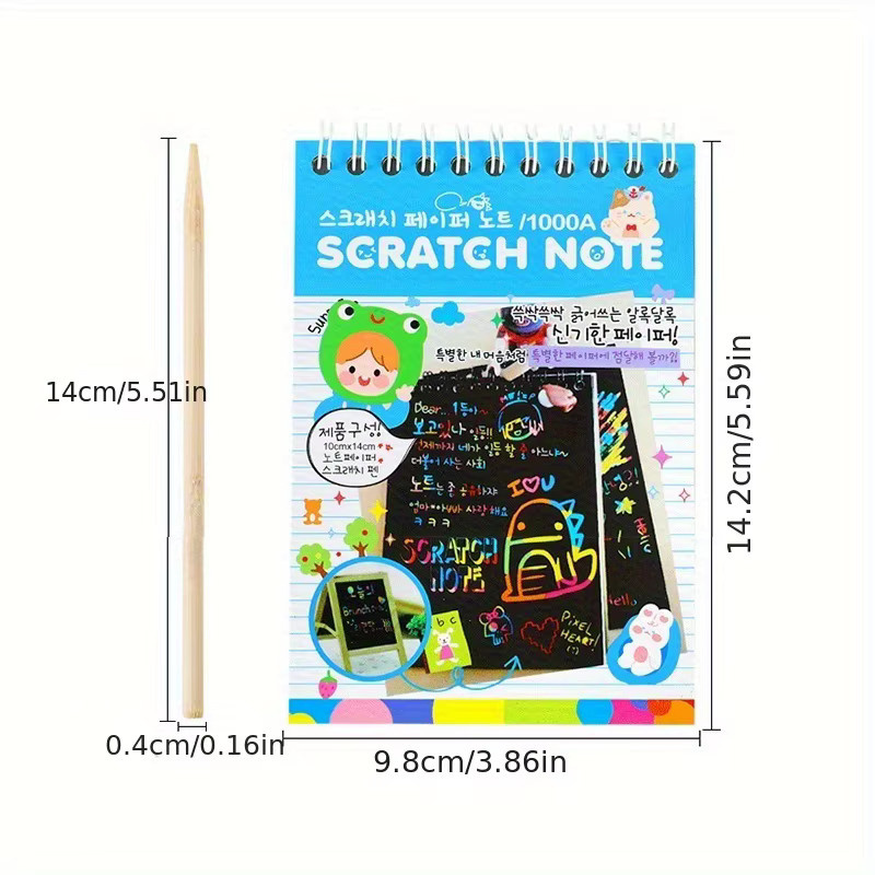 Kreatives Cartoon-Zeichnungs-Kratznotizbuch mit 10 Blättern und Bambusstift in Orange, doppelseitiges Graffiti-Buch für Kratzkunst - Bild 2