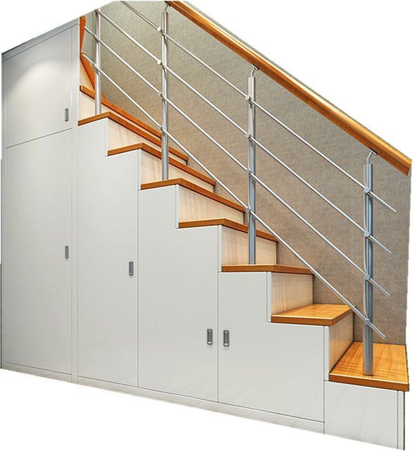 Moderner Einbauschrank aus Massivholz mit Treppe und Scharniertüren in Weiß - Bild 1