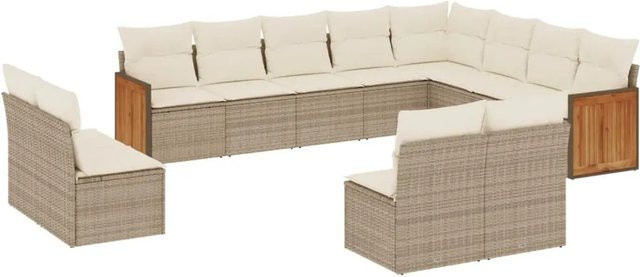 vidaXL 12-tlg. Garten-Sofagarnitur in U-Form aus Polyrattan und Akazienholz mit Kissen in Beige-Creme - Bild 1