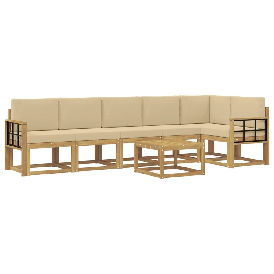vidaXL Outdoor-Sofagarnitur 7-teilig in L-Form mit Kissen und Couchtisch, Akazienholz und wetterfestem Polyester, Weiß, Beige und Braun - Bild 2
