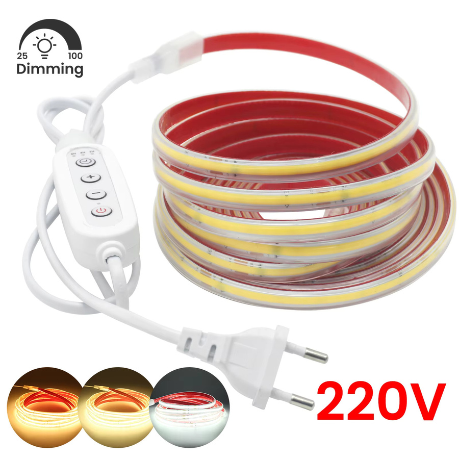 HEGEHE COB LED-Streifenlicht mit Timer und Dimmfunktion, AC 220V wasserdichtes flexibles LED-Band für die Raumbeleuchtung, Weiß - Bild 2