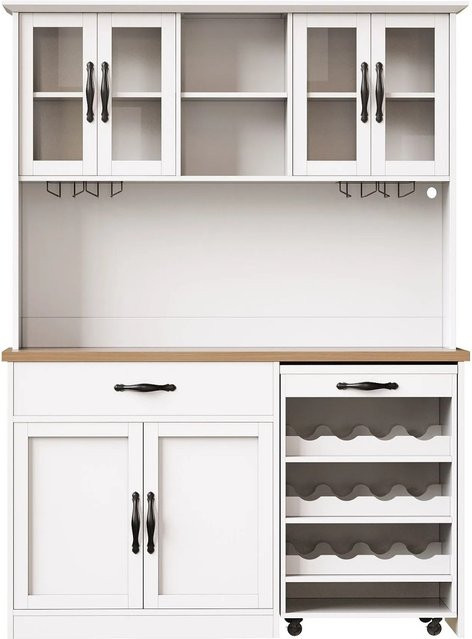 Merax Küchenschrank in Weiß mit Rollwagen, LED-Beleuchtung, Weinglasregal und Glastüren, H 180 cm x B 140 cm x T 38 cm - Bild 1