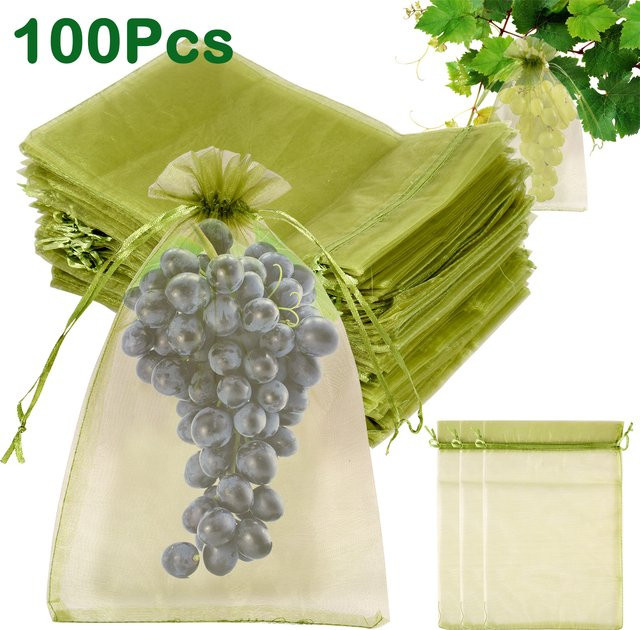100 Stück Obst-Wachstumsbeutel in Grün, atmungsaktive Netzbeutel mit Kordelzug zum Schutz von Erdbeeren und Trauben vor Vögeln und Schädlingen für deinen Garten - Bild 1