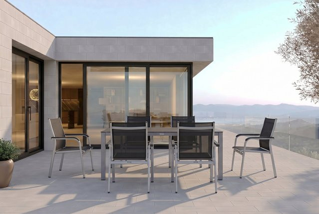 Kettler BasicPlus Garten-Essgruppe aus Alu, Spraystone und Textil in Silber/Anthrazit mit 6 Stapelsesseln, Tisch B: 160 cm, T: 95 cm, H: 74 cm - Bild 1