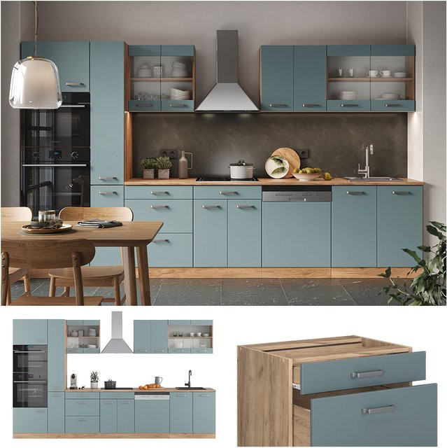 Vicco Küchenzeile R-Line Solid Eiche in Blau-Grau mit 350 cm Breite - Bild 1
