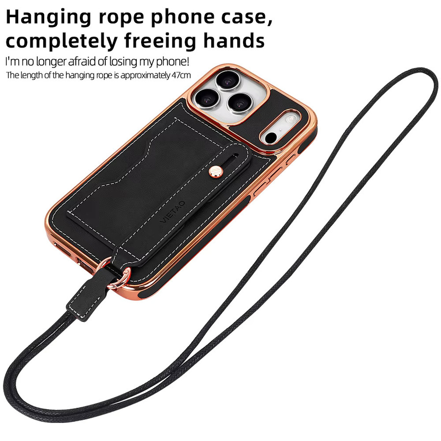 VIETAO Handyhülle aus PU-Leder mit Kartenhalter und Handyband für iPhone 17 16 15 14 13 12 Pro Max inklusive Ständerhalter in Schwarz und Grün - Bild 2