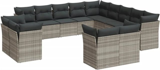 vidaXL 13-tlg. Garten-Sofagarnitur in U-Form aus Polyrattan mit Kissen, Hellgrau - Bild 1