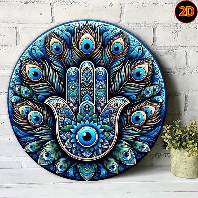 CIFBUY Vintage Hamsa Hand Wandkunst aus Metall in Blau und Türkis mit Pfauenfeder-Design und floralem Ornament - Bild 1