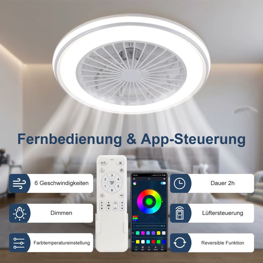 Oyajia 2-in-1 Deckenventilator mit integrierter LED-Lampe, RGB-Farbwechsel, Musikfunktion und Fernbedienung, stufenlos dimmbarer Kronleuchter - Bild 3