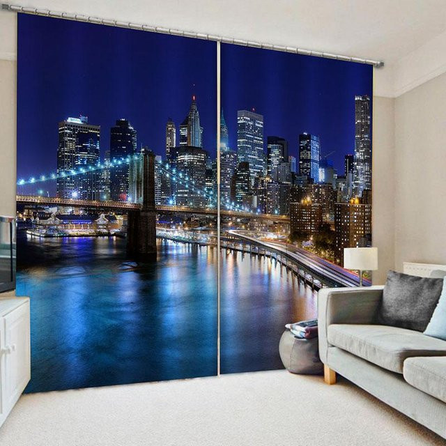 A Family Of Home Textiles Fenster Vorhang New York City Midtown Skyline Print in Blau, semi-transparent, Breite: 100 cm, Höhe: 160 cm - Bild 1