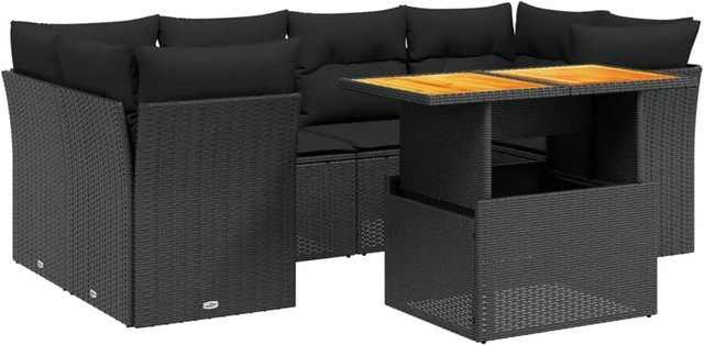 vidaXL 7-teilige Garten-Sofagarnitur aus Poly-Rattan und Akazienholz in Schwarz mit Kissen - Bild 1