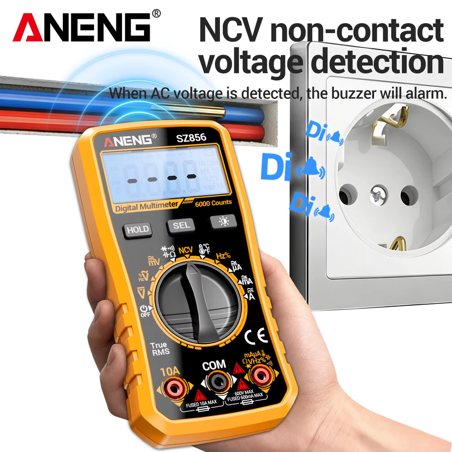 ANENG SZ856 Digitales Multimeter mit 6000 Anzeigen in Gelb für AC/DC Spannung, Strom, Widerstand, Kapazität, Frequenz, Temperatur und NCV Durchgangsprüfung mit Summer - Bild 3