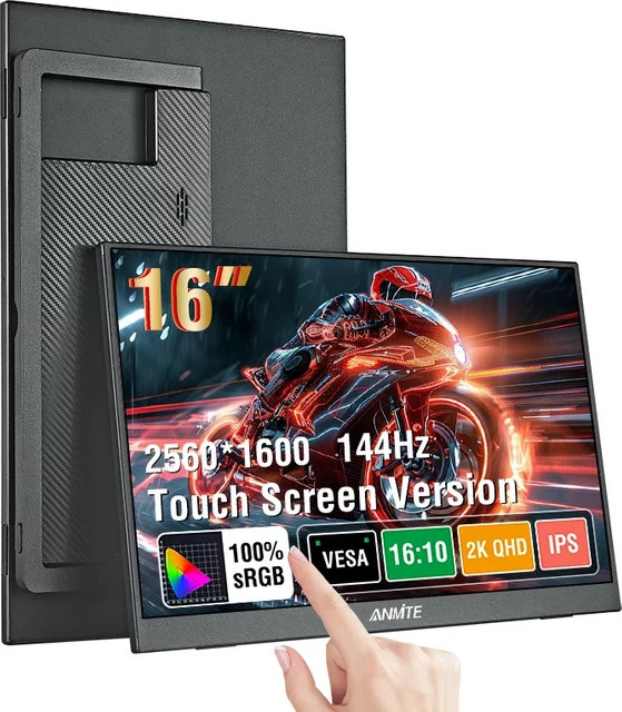 Anmite Tragbarer 16 Zoll Touchscreen-Monitor mit 2,5K Auflösung, 144Hz, 16:10, 100% sRGB und 500 cd/m², Schwarz - Bild 1