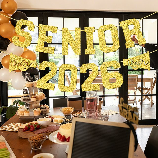 YOMDID Abschlussbanner Seniors 2026 Gold mit Wimpel-Elementen als Partydeko für Abschlussfeiern und Senioren-Partys - Bild 1