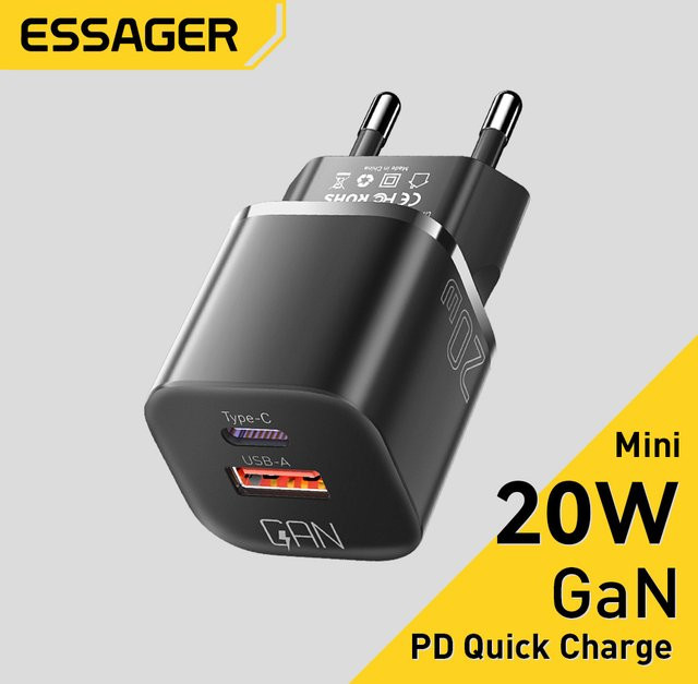 Essager 20W GaN USB-C Schnellladegerät mit PD und QC 3.0 in Schwarz - Bild 1