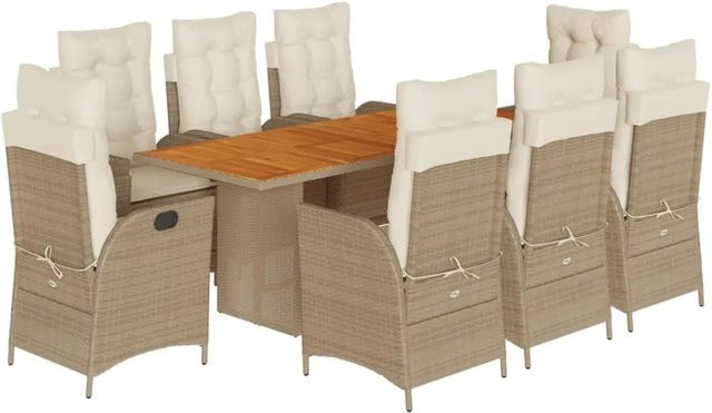vidaXL 9-teilige Garten-Essgruppe aus Akazienholz und PE-Rattan in Beige mit Kissen - Bild 1