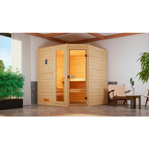 WEKA Massivholzsauna Valida Eck 2 für 6 Personen in Braun mit 5,4 kW Ofen und integrierter Steuerung - Bild 2