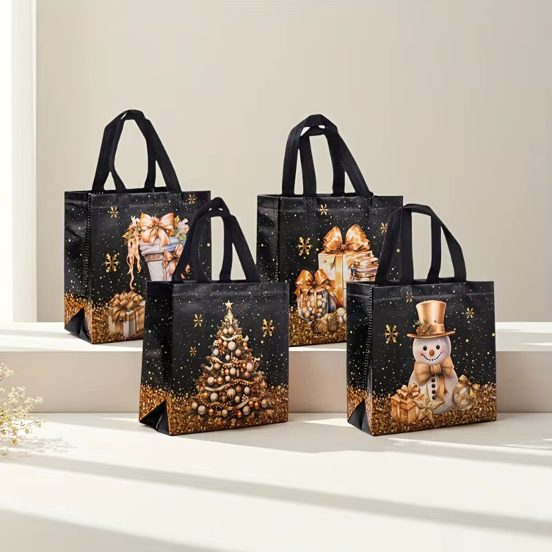 Schwarze Weihnachtshandtasche mit Griff und weihnachtlichen Motiven wie Weihnachtsbaum, Schneemann und Geschenktüte aus Kunststoff - Bild 2