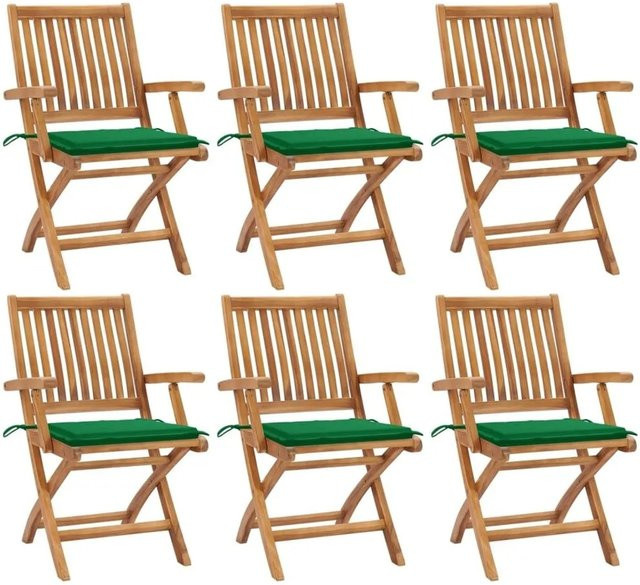 vidaXL Set aus 6 klappbaren Gartenstühlen aus Teakholz mit Kissen in Braun und Grün - Bild 1