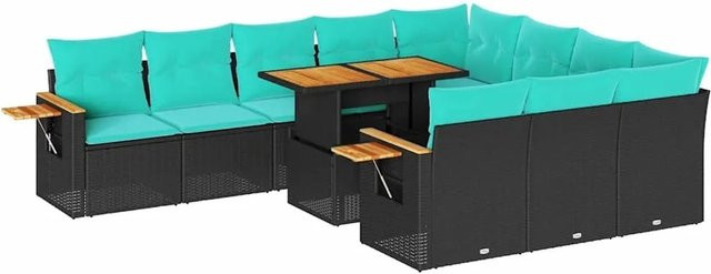 vidaXL 11-teilige Garten-Sofagarnitur in L-Form aus Poly-Rattan und Akazienholz mit Kissen, Schwarz - Bild 1